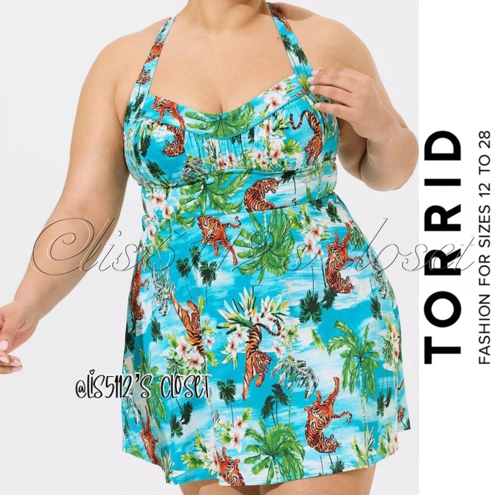NWOT Torrid Retro Tiger Tropic Wireless Ruched Cup Swim Dress Swimsuit 3X 22 24